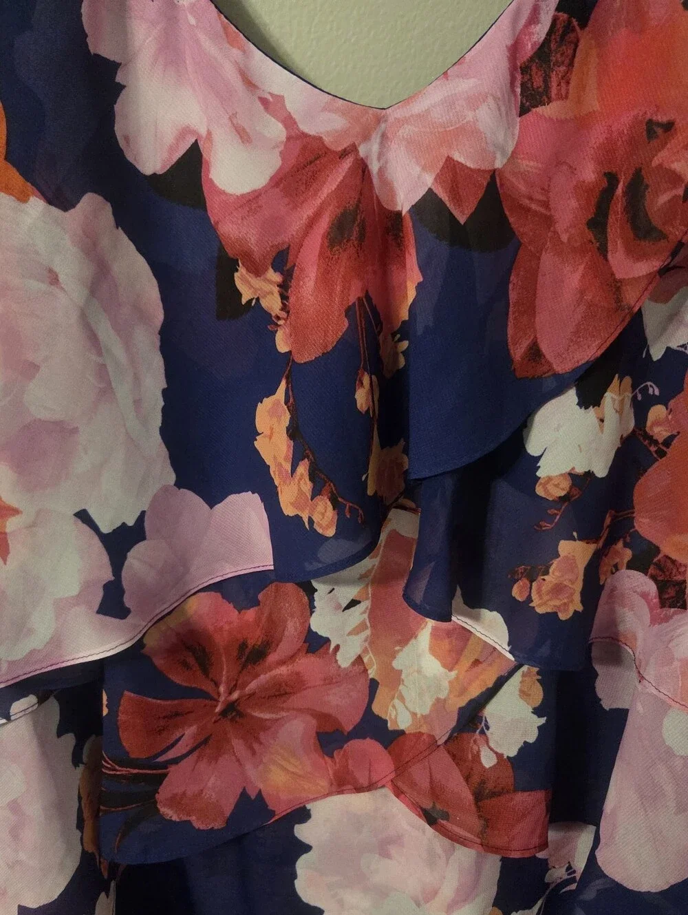 SLNY Blue Multicolor Ruffle Sleeveless Party Dinner Evening Dress Sz 16 Zip - Picture 3 of 6